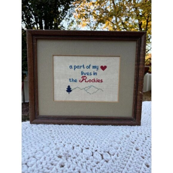 Finished Framed 11x9” Cross Stitch Heart Love Rockies Mountains Colorado - Picture 1 of 4